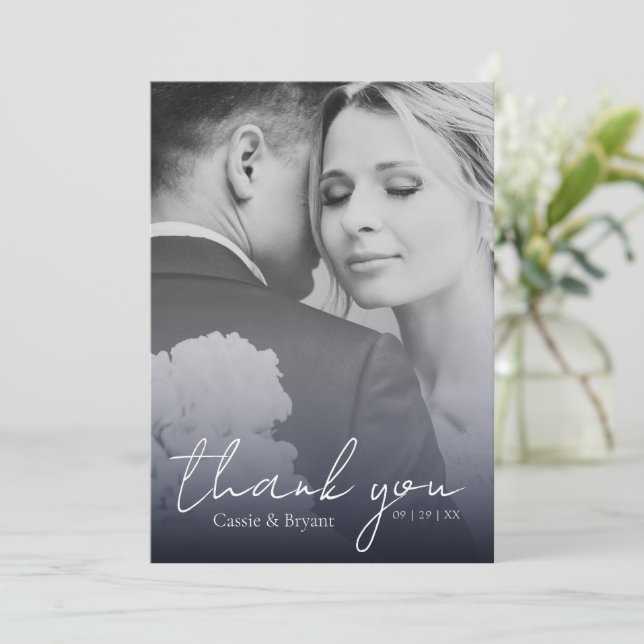 Modern Elegant Navy Blue Fade Wedding Thank You Card (Standing Front)