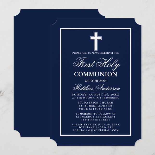 Modern Elegant Navy Blue First Holy Communion Invitation (Front/Back)