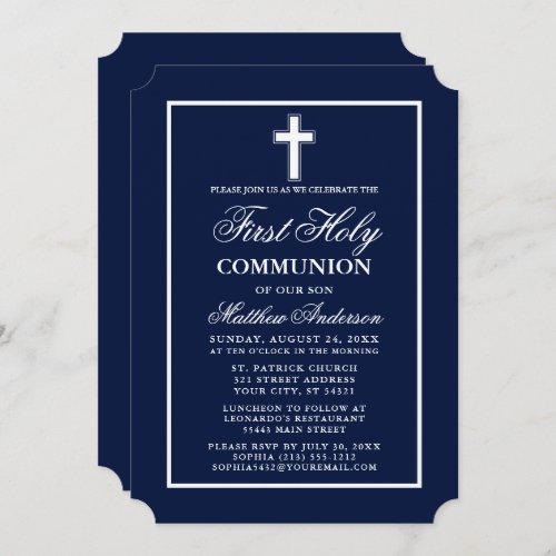 Modern Elegant Navy Blue First Holy Communion Invitation
