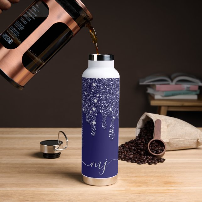 Modern Elegant Navy Blue Glitter Dripping Initials Water Bottle (Coffee)