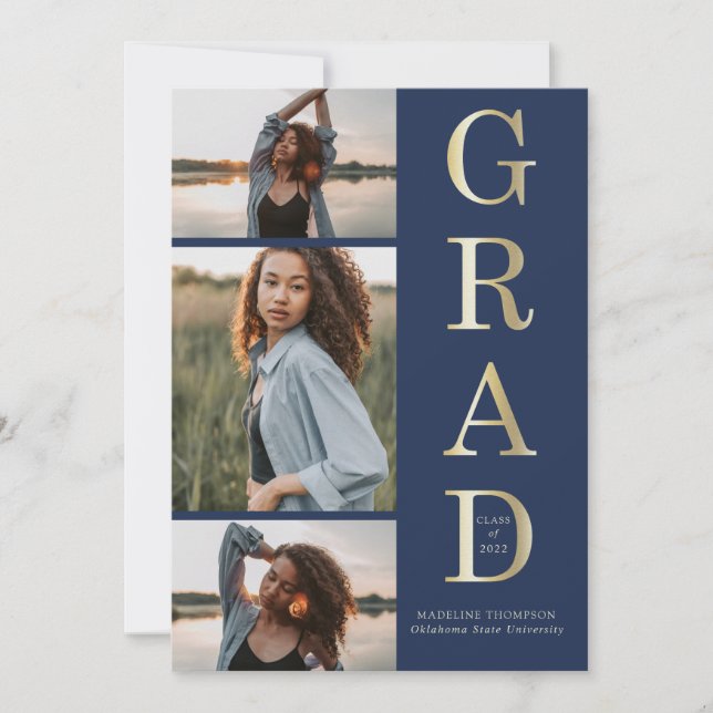 Modern Elegant Navy Blue Gold 3 Photo Graduation Invitation (Front)