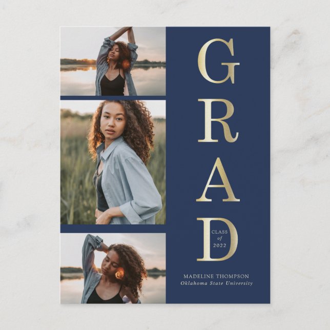 Modern Elegant Navy Blue Gold 3 Photo Graduation Postcard (Front)