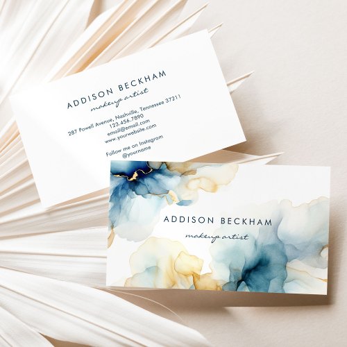 Modern Elegant Navy Blue Gold Abstract Watercolor Business Card