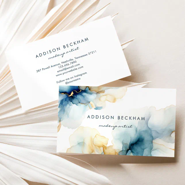 Modern Elegant Navy Blue Gold Abstract Watercolor Business Card | Zazzle