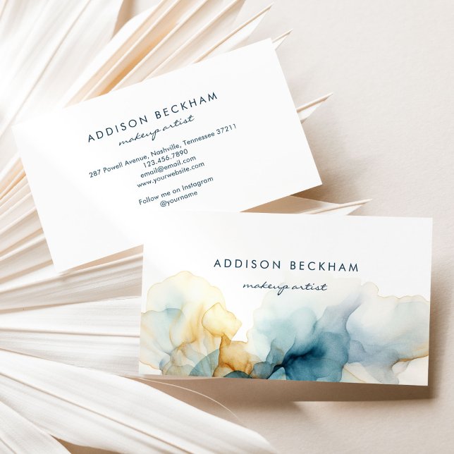 Modern Elegant Navy Blue Gold Abstract Watercolor Business Card (Creator Uploaded)