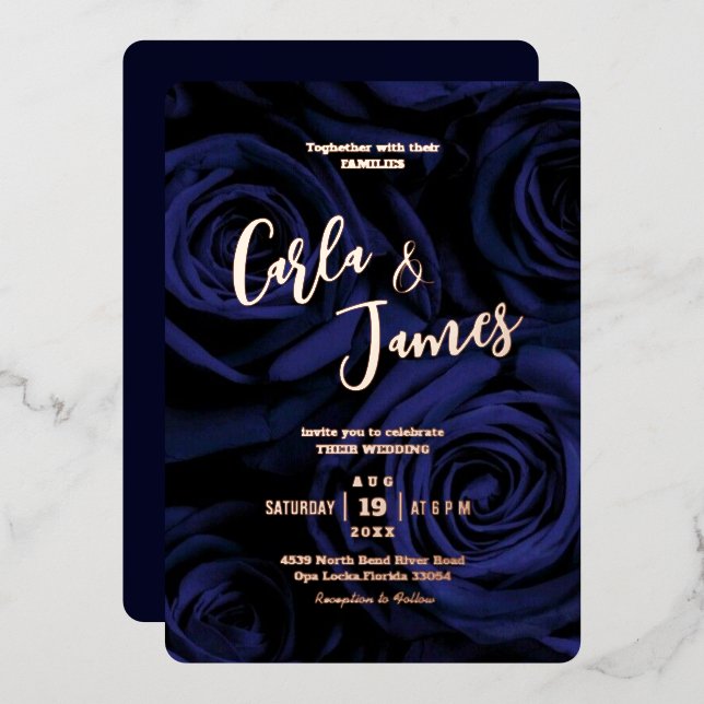 Modern elegant navy blue gold Calligraphy wedding  Foil Invitation (Front/Back)