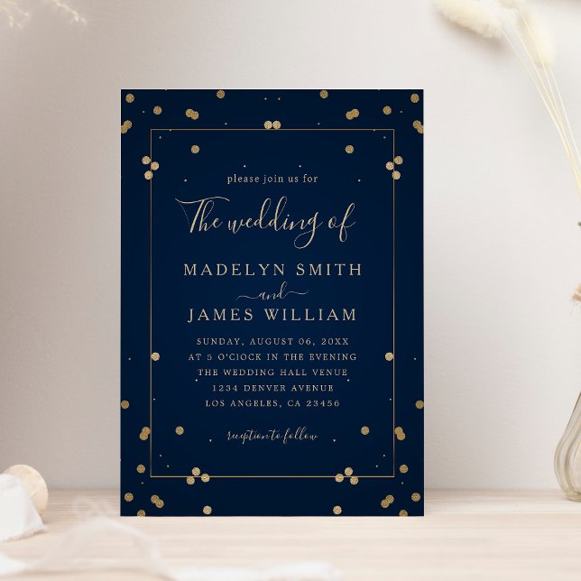 Modern Elegant Navy Blue Gold Wedding Invitation (Creator Uploaded)