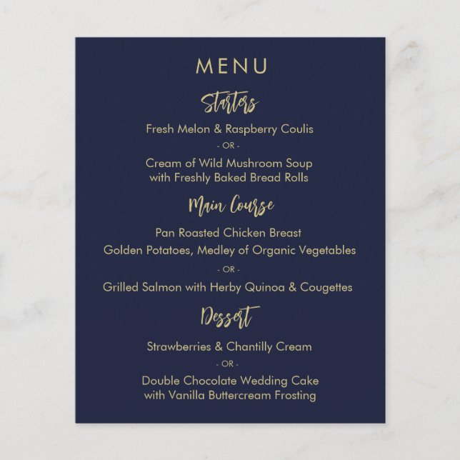 Modern Elegant Navy Blue Gold Wedding Menu Card Flyer (Front)