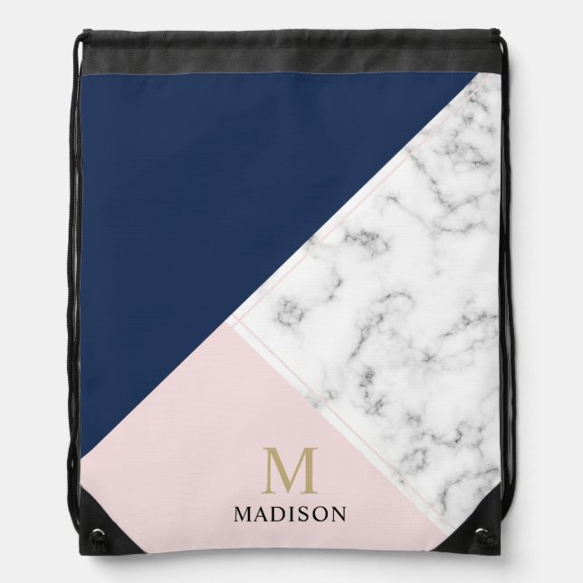 Modern elegant navy blue marble monogram drawstring bag (Front)