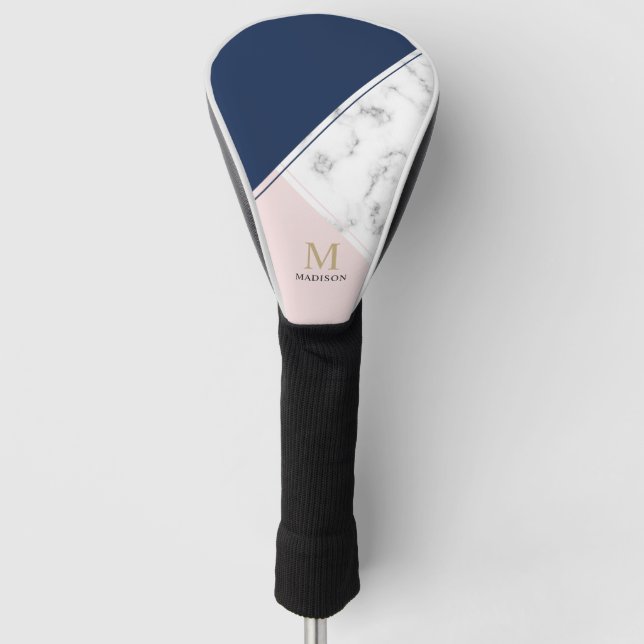 Modern elegant navy blue marble monogram golf head cover (Front)