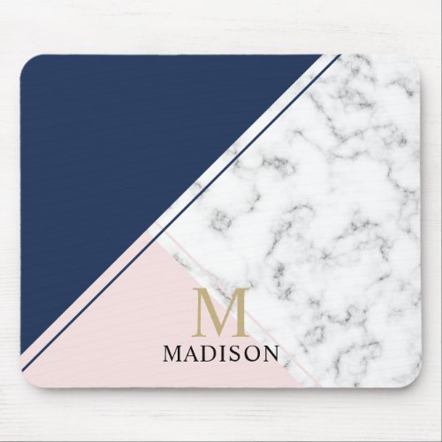 Modern elegant navy blue marble monogram mouse pad