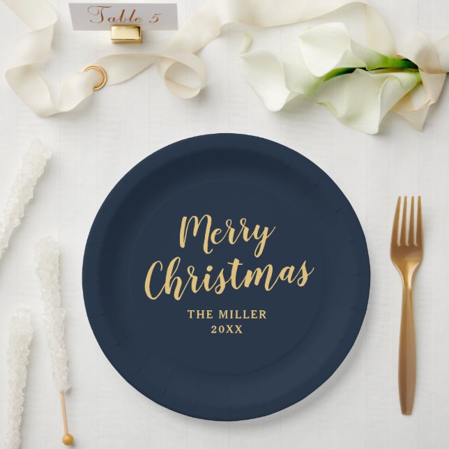 Modern Elegant Navy Blue Merry Christmas  Paper Plates (Wedding)