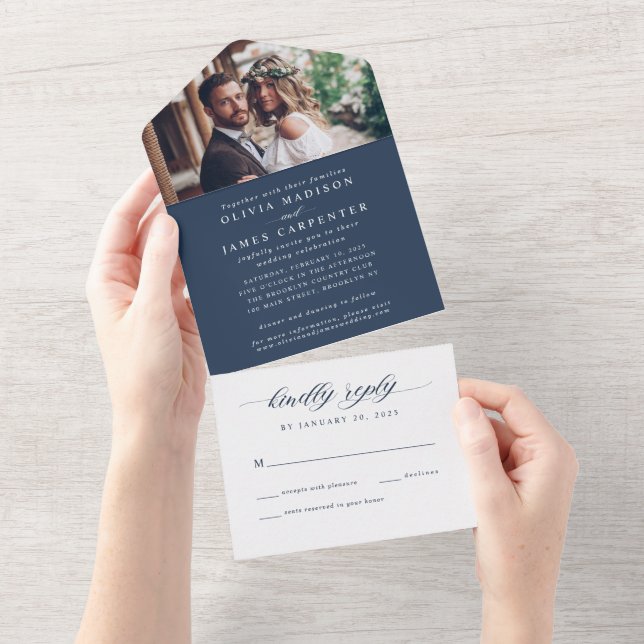 Modern Elegant Navy Blue Photo RSVP Wedding All In One Invitation (Tearaway)