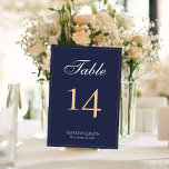 Modern Elegant Navy Blue Script Wedding Table Number<br><div class="desc">Modern Elegant Navy Blue Script Wedding Table Number. The card is modern and elegant in dark blue with a thin border and a script in white and peach colors. Customize each card separately for each table number and put it separately in your cart. Personalize all the text on the table...</div>