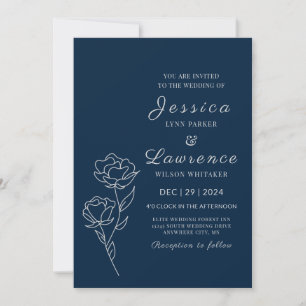 Modern Elegant Navy Blue Silver Floral  Wedding  Invitation