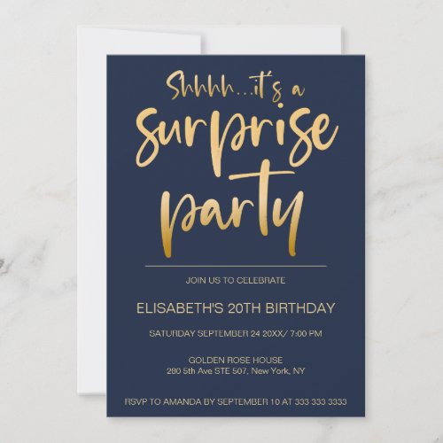Modern Elegant Navy Blue Surprise Birthday Party Invitation