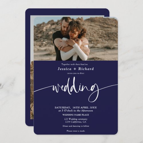 Modern elegant navy blue wedding script photos invitation