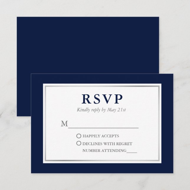 Modern Elegant Navy Blue White Silver RSVP Card (Front/Back)