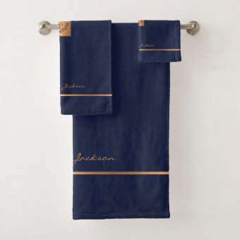 Modern elegant navy gold chic monogrammed stripes bath towel set | Zazzle