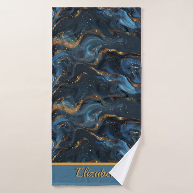 Modern Elegant Navy Marble Art Faux Gold Glitter  Bath Towel Set (Bath Towel)