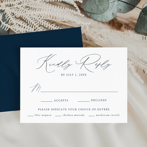 Modern Elegant Navy Meal Choice Wedding RSVP Card