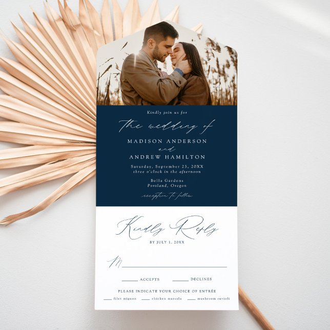 Modern Elegant Navy Photo Wedding All In One Invitation (Creator Uploaded)