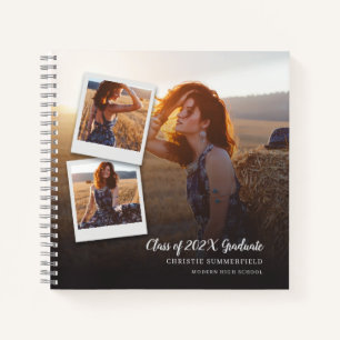 Modern Elegant Navy Script Photo Graduation Guest Notebook