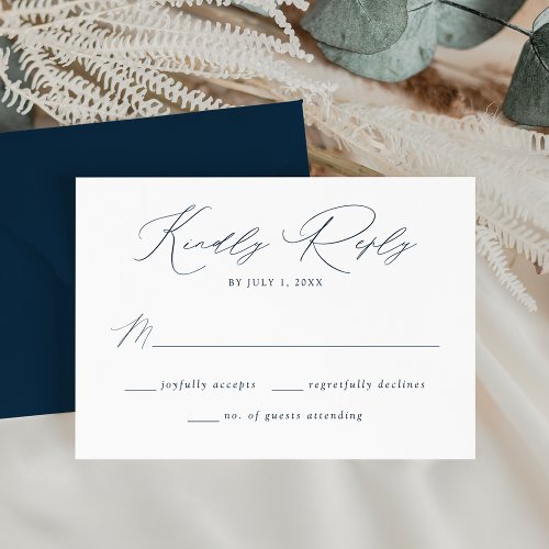 Modern Elegant Navy Script Wedding RSVP Card