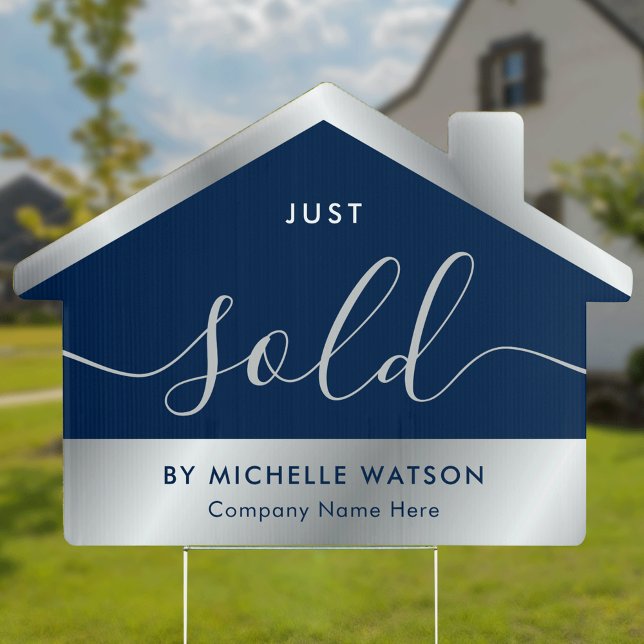 Modern Elegant Navy & Silver Just Sold Realty Sign (Elegant modern navy blue and faux silver Just Sold real estate yard sign)