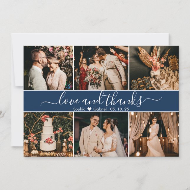 Modern Elegant Navy Typography 6 Photo Collage Thank You Card (Front)