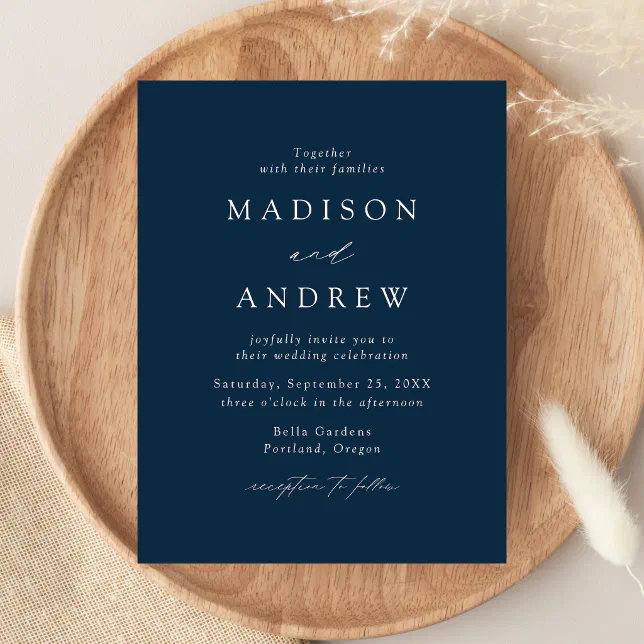 Modern Elegant Navy Wedding Invitation Postcard | Zazzle