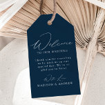 Modern Elegant Navy Wedding Welcome Gift Tags<br><div class="desc">These elegant calligraphy wedding welcome gift tags are perfect for both casual and formal weddings. The design features a modern white calligraphy script with a navy background or color of your choice. Personalize the navy wedding welcome gift tags with a short welcome message, your names, etc. The minimalist wedding gift...</div>