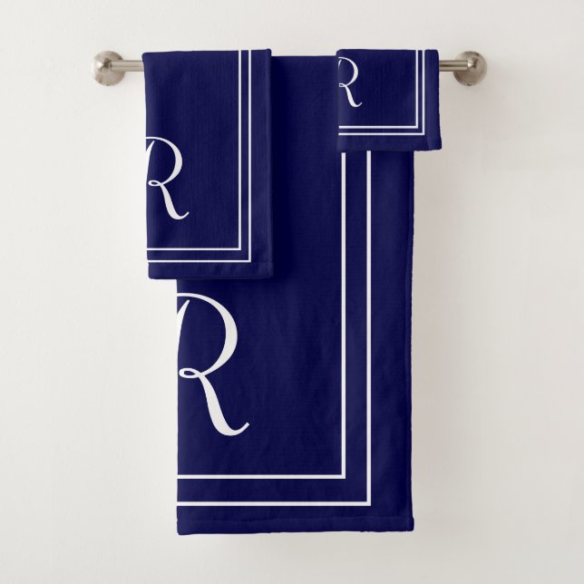 Modern Elegant Navy & White Monogram Bath Towel Set (Insitu)