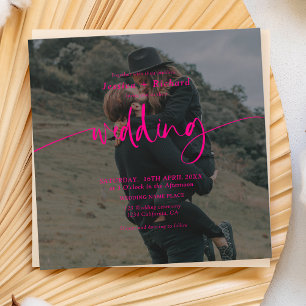 Modern elegant neon pink photo wedding script invitation