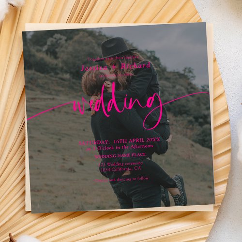 Modern elegant neon pink photo wedding script  invitation