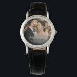 Modern Elegant Newly Wed Wedding Photo Anniversary Watch<br><div class="desc">This elegant script photo watch will be a beautiful keepsake of your wedding day! The unique calligraphy reads 'Mr and Mrs' alongside your custom family name and date. Add your wedding photo and make this into a perfect gift for the newlywed bride,  an anniversary,  or vow renewal!</div>