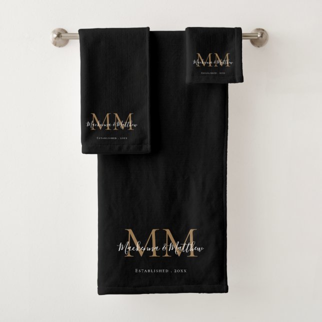 Modern Elegant Newlywed Black Gold Monogram Name Bath Towel Set (Insitu)
