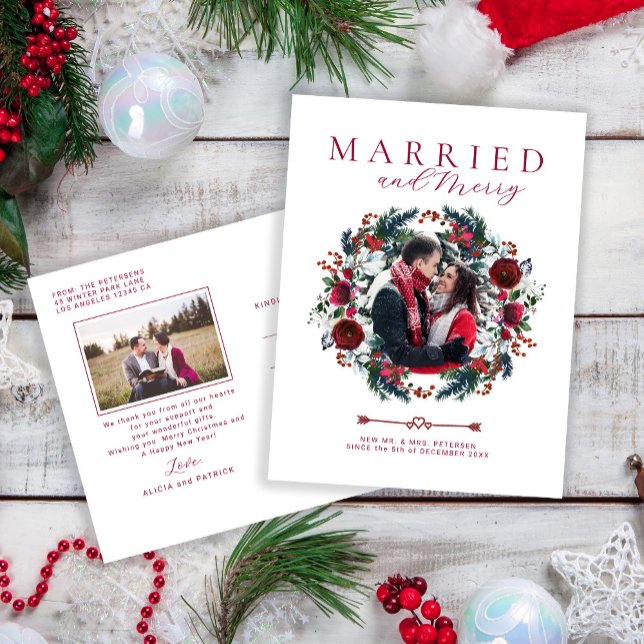 Modern elegant newlyweds couple photo Christmas Holiday Postcard (Creator Uploaded)
