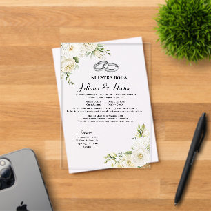 Modern Elegant Nuestra Boda White Floral Wedding Acrylic Invitations
