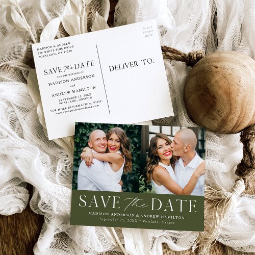 Modern Elegant Olive Green 2 Photo Save the Date Announcement Postcard