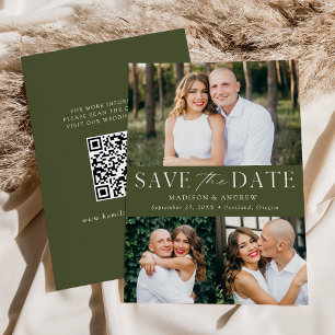 Modern Elegant Olive Green 3 Photo QR Code Save The Date