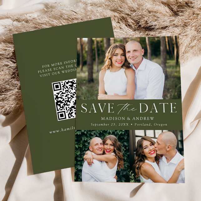 Modern Elegant Olive Green 3 Photo QR Code Save The Date (Creator Uploaded)