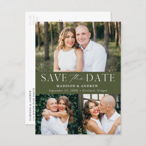 Modern Elegant Olive Green 3 Photo Save the Date Announcement Postcard