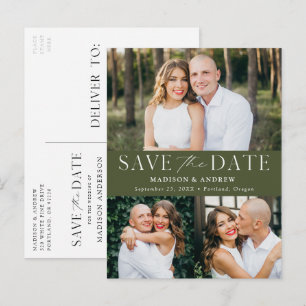Modern Elegant Olive Green 3 Photo Save the Date Announcement Postcard