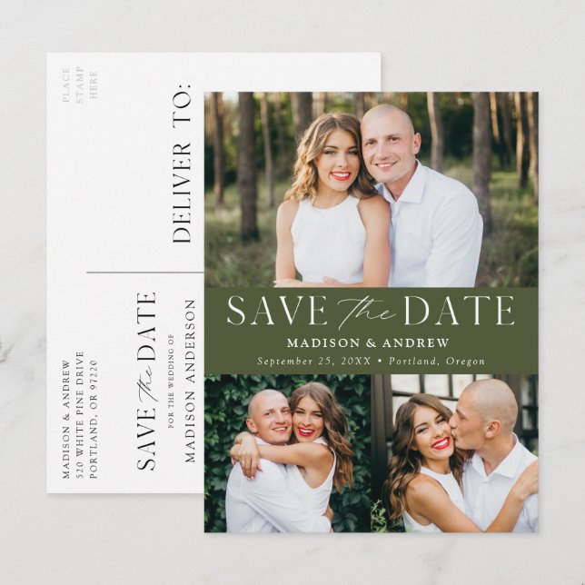 Modern Elegant Olive Green 3 Photo Save the Date Announcement Postcard (Front/Back)