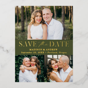 Modern Elegant Olive Green 3 Photo Save the Date Foil Invitation Postcard