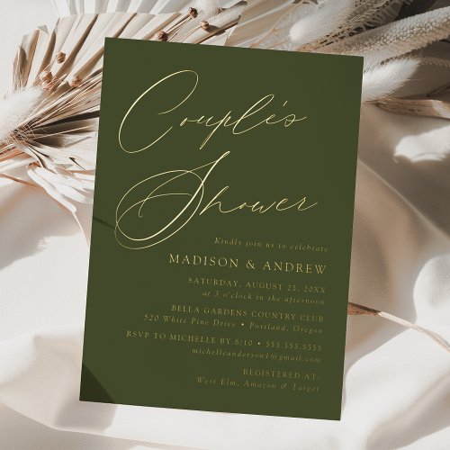 Modern Elegant Olive Green Couples Shower Foil Invitation