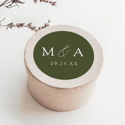 Modern Elegant Olive Green Monogram Wedding Classic Round Sticker