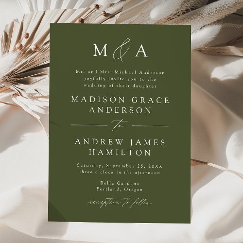 Modern Elegant Olive Green Monogram Wedding Invitation