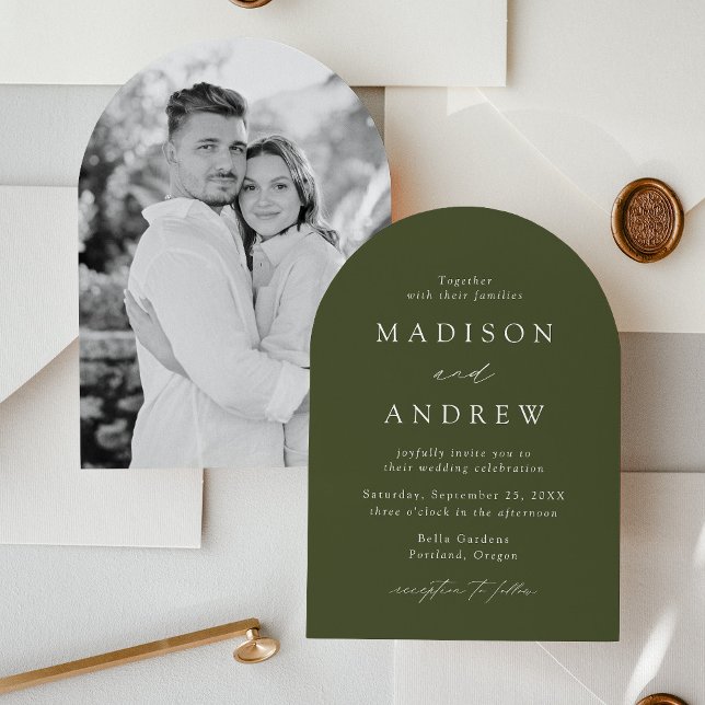 Modern Elegant Olive Green Photo Arch Wedding Invitation (Creator Uploaded)